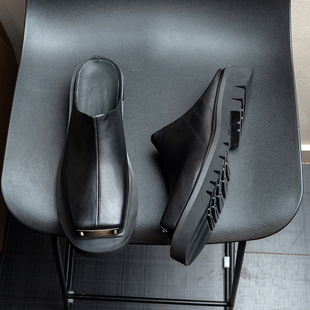 潮 金属方头穆勒鞋 原创松糕厚底德比拖鞋 男休闲软牛皮包头半拖皮鞋