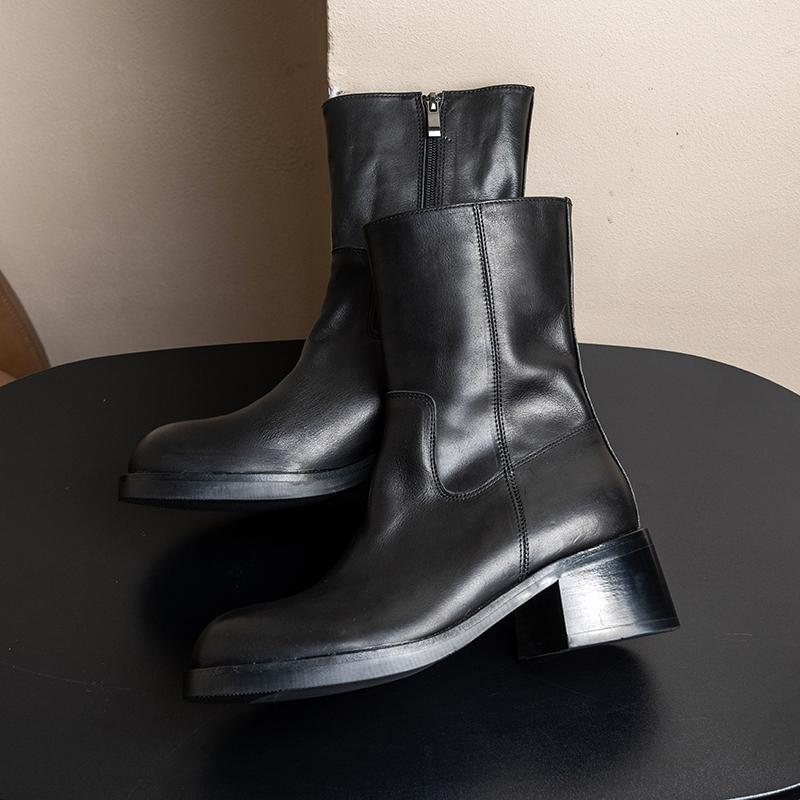 原创水洗小牛皮黑色中筒皮靴子