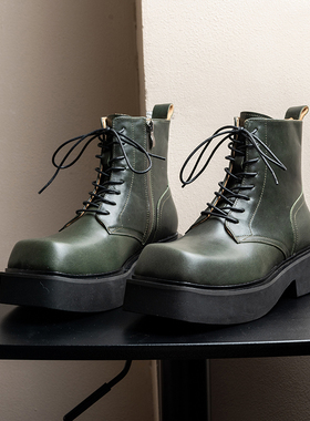 里外头层牛皮绿色马丁靴男款厚底方头工装短靴2025冬新款中帮男靴