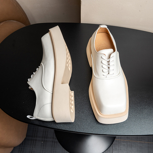 高端头层牛皮未来白色方头德比鞋 透气不臭脚 男英伦风增高休闲皮鞋