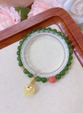 纯天然原创菠菜浓绿和田玉碧玉手串原创diy蜜蜡平安扣手链卡6mm