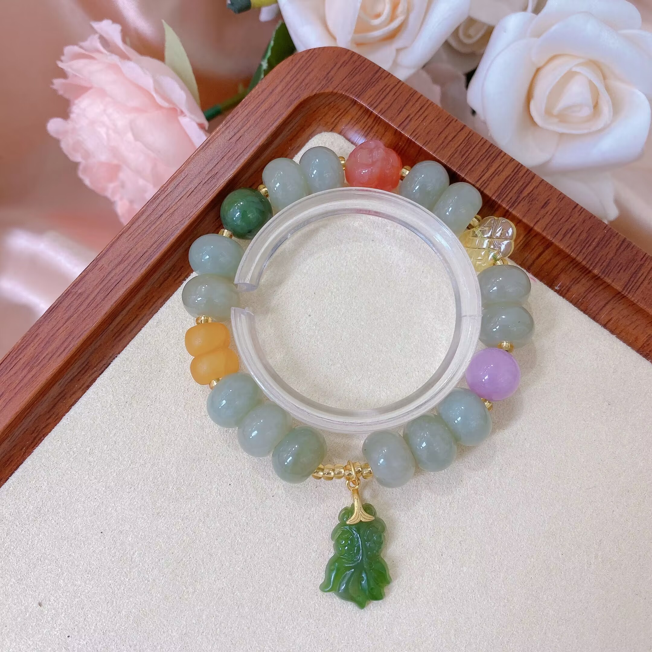 新款纯天然和田玉青白玉手串原创算盘珠金玉满堂转运diy手链卡8mm