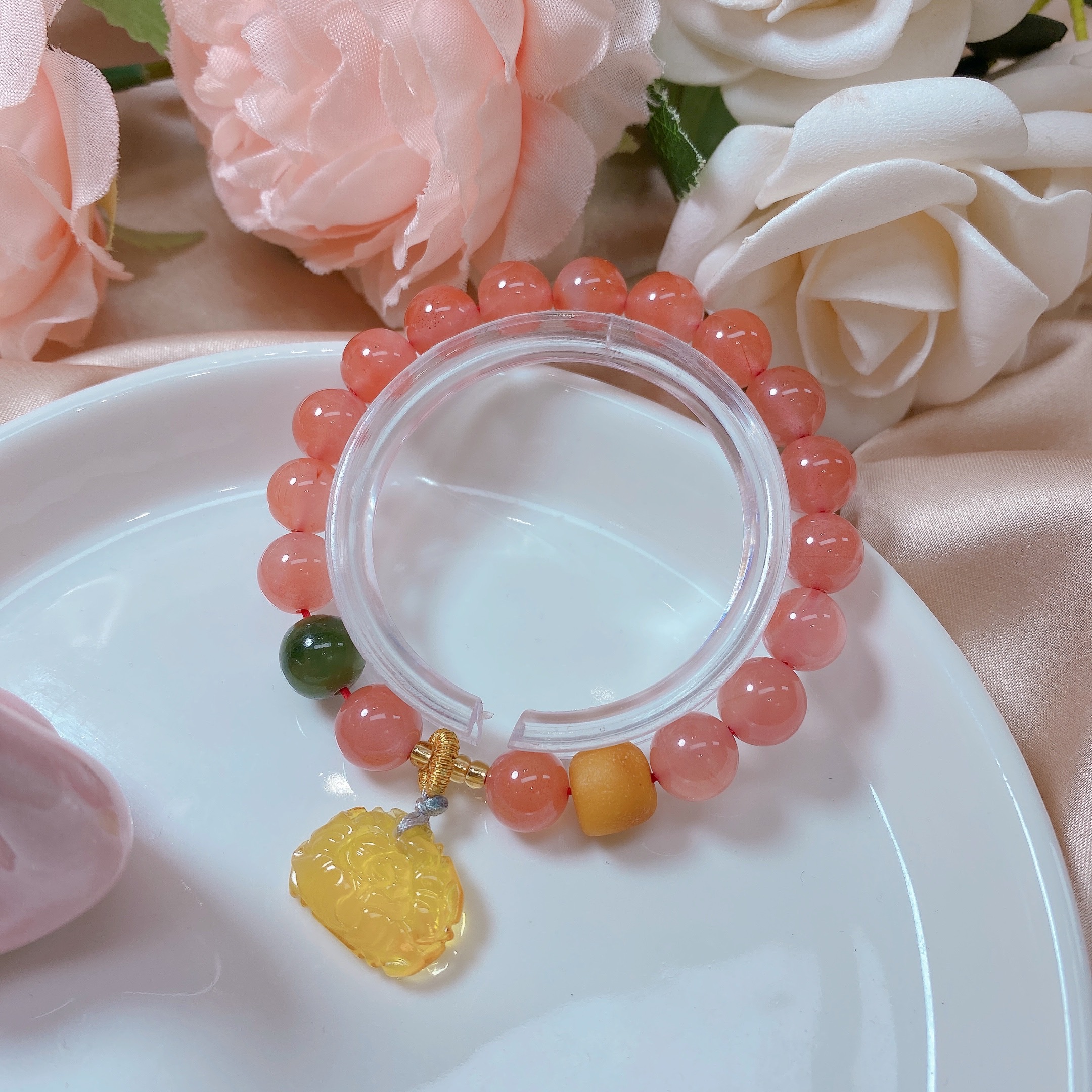 原创新款天然冰飘南红玛瑙樱桃红手串diy蜜蜡牡丹转运手链卡9mm