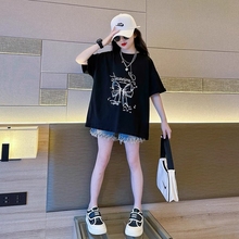 女童黑色短袖t恤夏季2025新款儿童纯棉上衣中大童蝴蝶结印花体恤