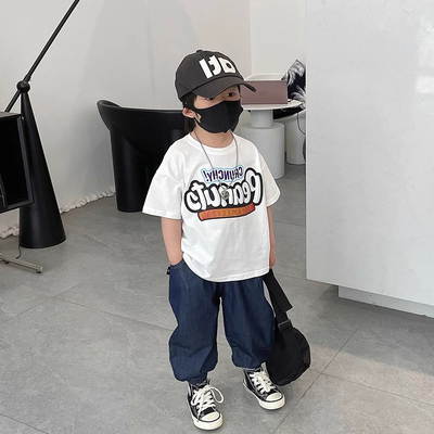 男童纯棉短袖t恤2025夏季新款中大童白色字母印花潮t儿童薄款上衣