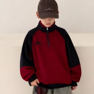 男童半高领拉链加绒卫衣秋冬新款 儿童拼色外穿中大童痞帅休闲上衣