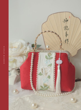 神隐原创国风刺绣牡丹汉服包包旗袍手提包口金包新娘包婚包大红
