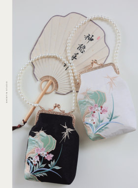 神隐手作《山石兰草》国风刺绣手机包新中式旗袍汉服手提包口金包