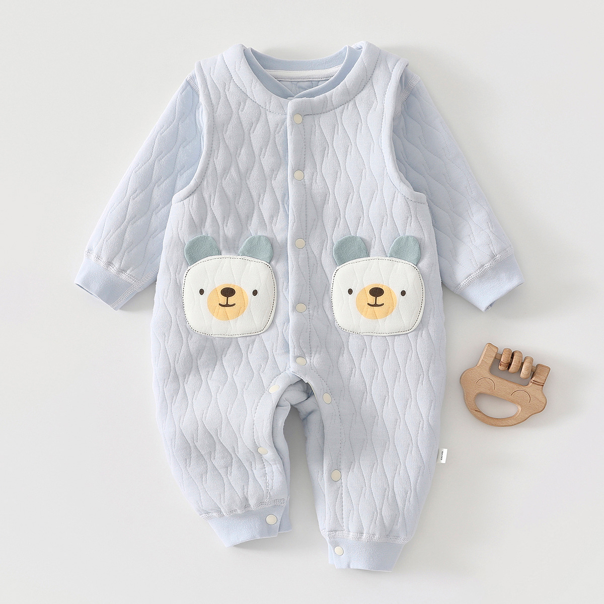 秋冬季男女宝宝三层保暖夹棉婴儿长袖上衣背带裤连体衣分体外出服