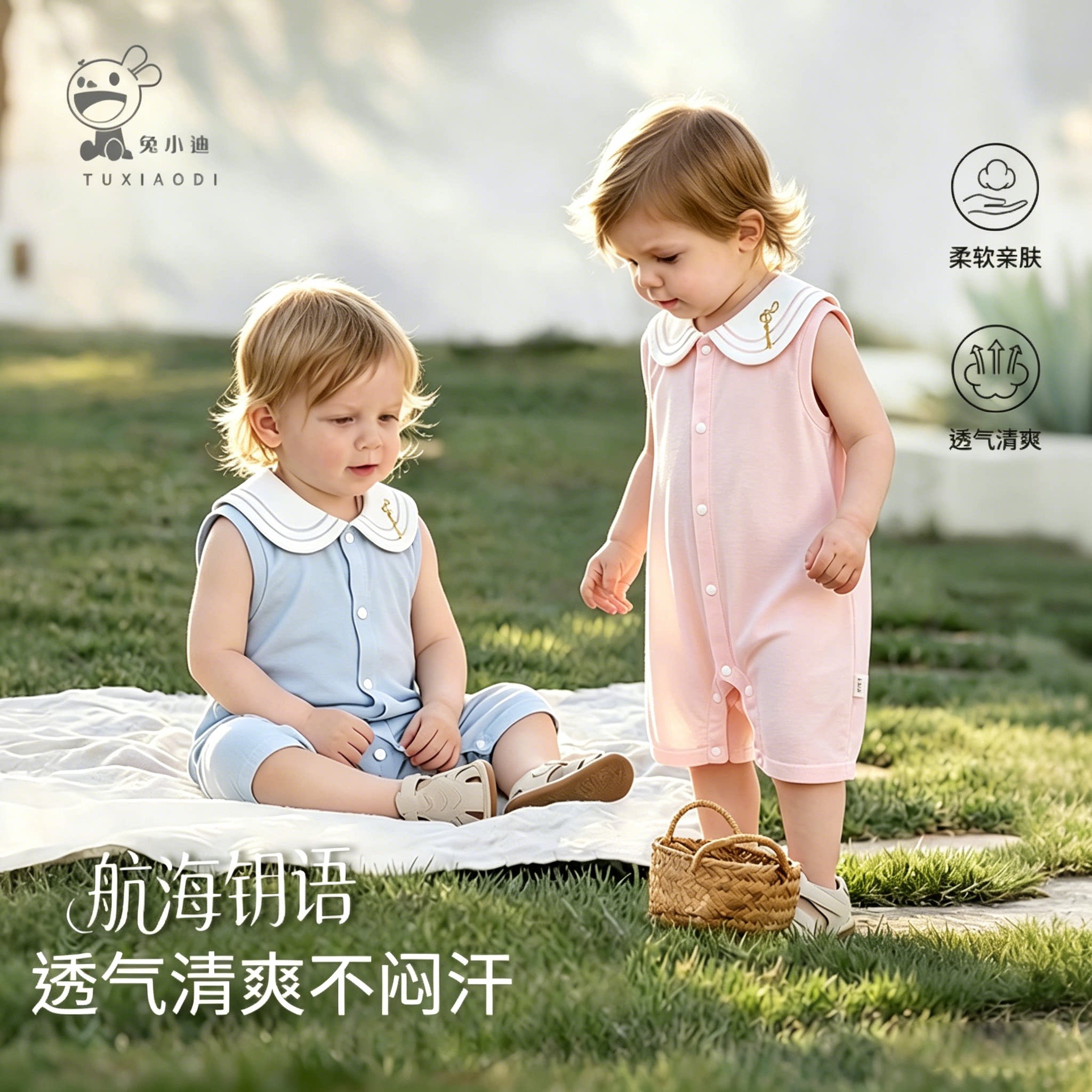 兔小迪夏季婴儿无袖海军领连体衣宝宝衣服a类哈衣婴幼儿薄款睡衣