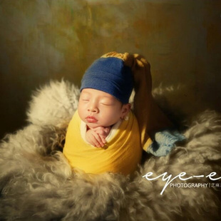 名画戴珍珠耳环的少女拍照帽子 新生儿百天宝宝幼儿园儿童道具