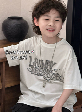 波拉韩国童装男童女童中大童初中生夏全棉亲子白色字母短袖T恤