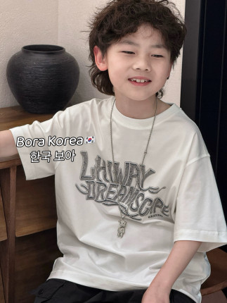 波拉韩国童装男童女童中大童初中生夏全棉亲子白色字母短袖T恤
