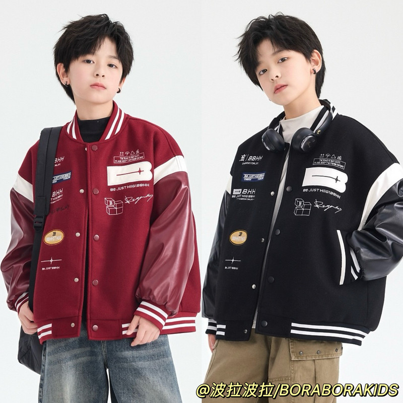 实体店儿童装男童冬季新年红色毛呢拼接皮衣棒球棉服夹棉夹克外套