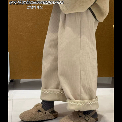 儿童装女童加绒裤子秋冬款波拉儿童一体绒休闲裤亲子灯芯绒直筒裤