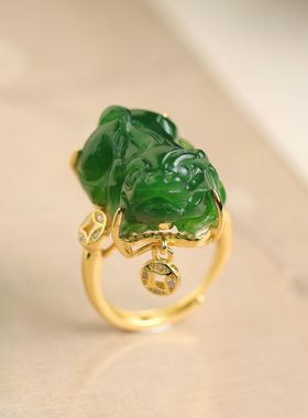 熹瑞复古貔貅开口戒铜钱纯银镶嵌天然和田碧玉国潮风戒指女款