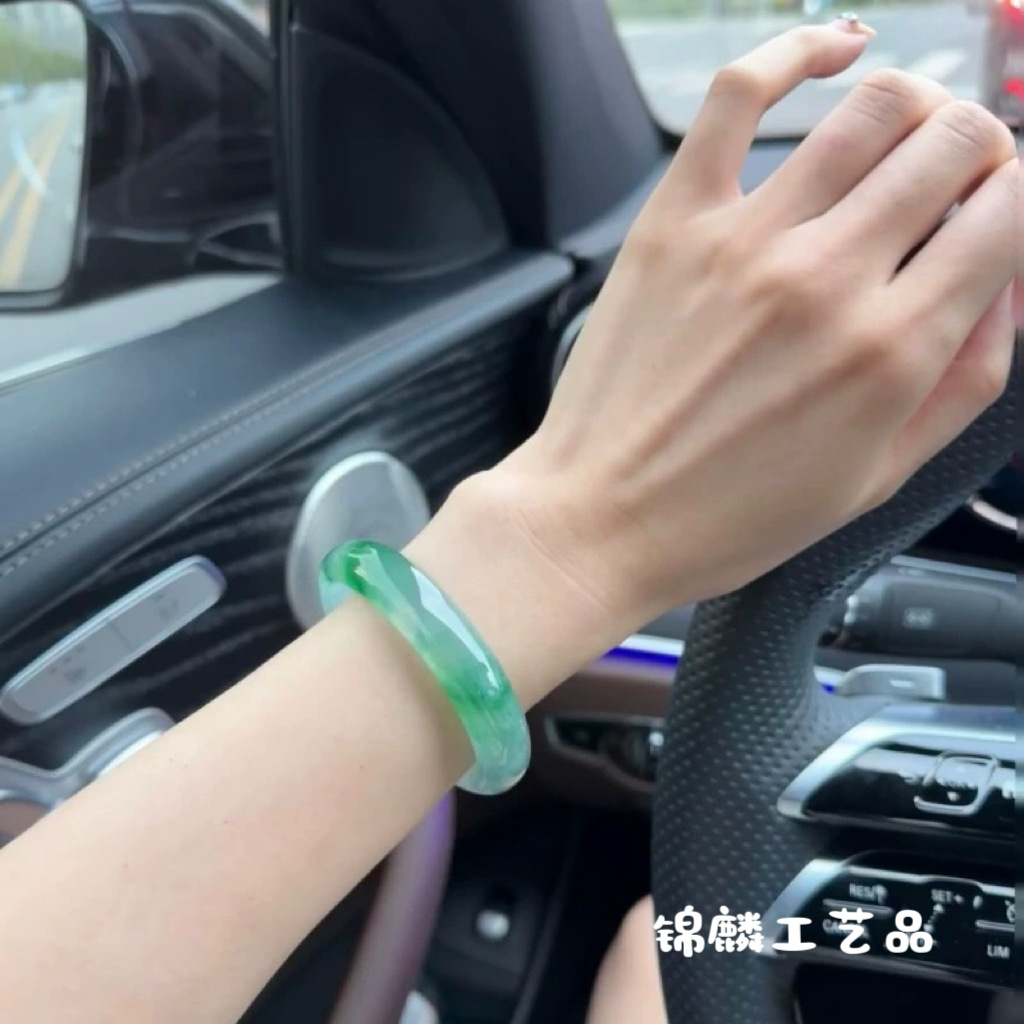 【赠运险】处理翡翠阳绿手镯正圈圆条飘绿花玉镯子缅甸玉器女款