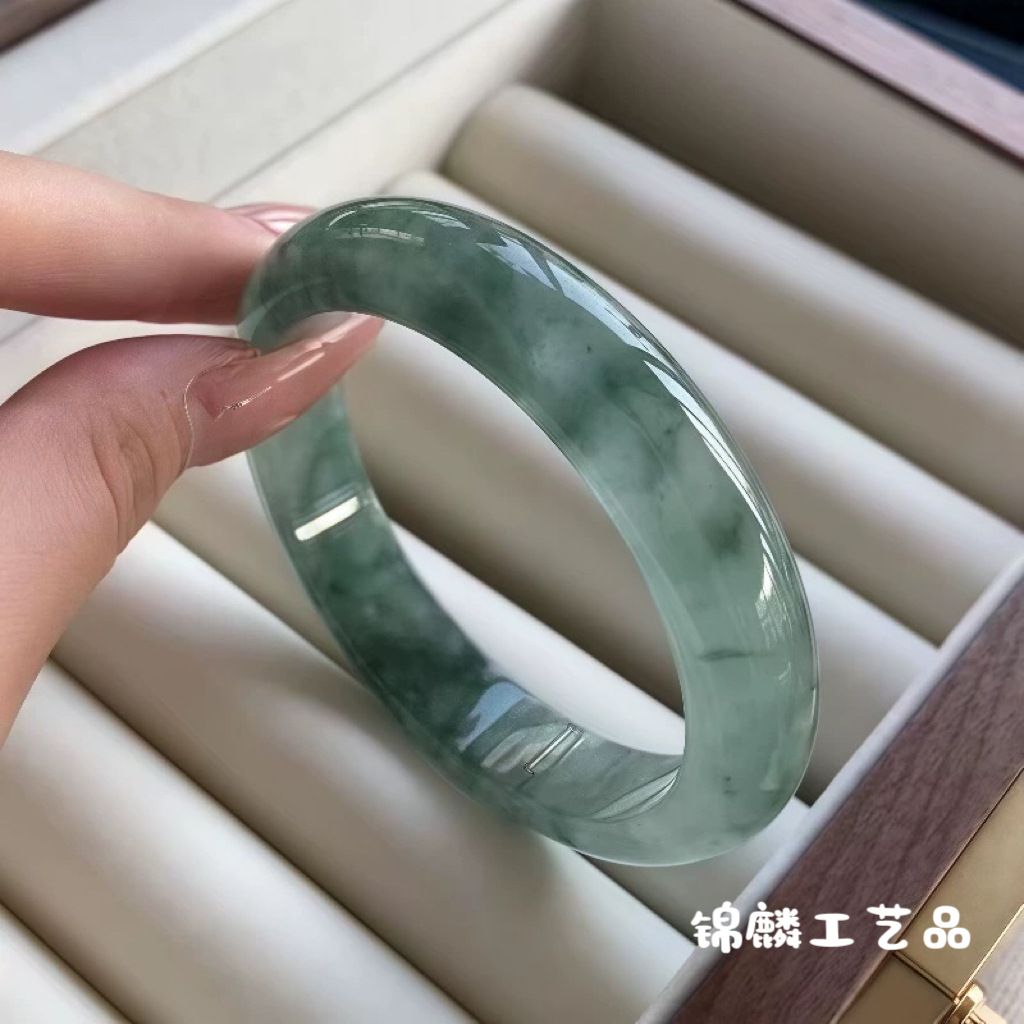 冰透飘花处理翡翠玉手镯女送妈妈礼缅甸冰种独龙玉正圈玉镯子