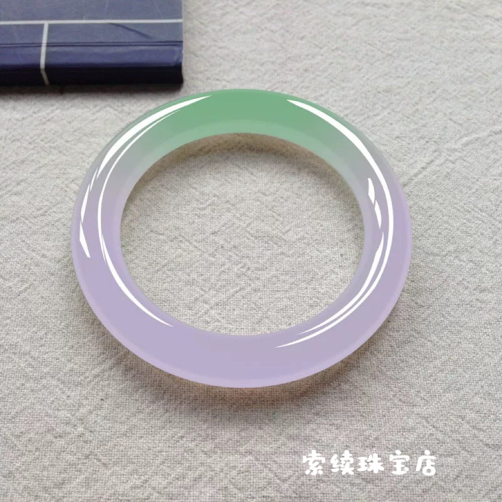 冰种缅甸处理翡翠手镯老坑玉石圆条春带彩女款叮当镯紫罗兰
