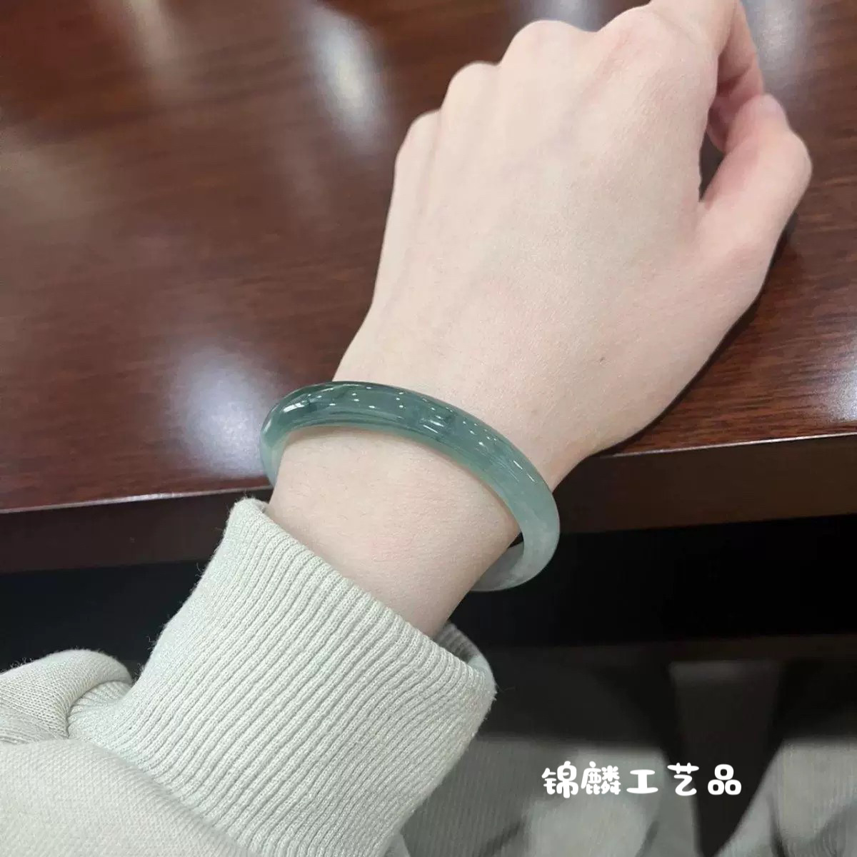 冰糯种晴水飘花处理翡翠玉手镯油青玉镯子女款翡翠半山半水手镯