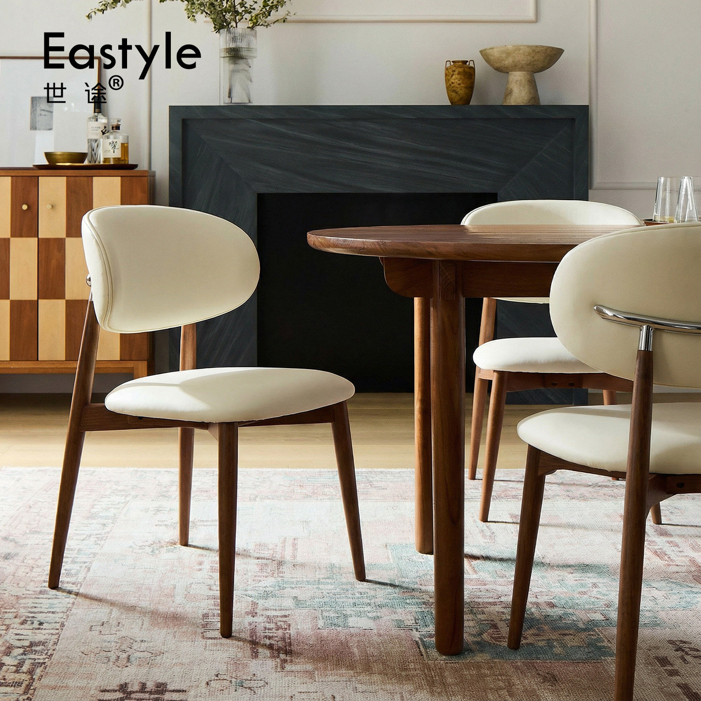 中古风实木真皮质感餐椅家用餐厅设计师椅子北欧软包餐桌椅靠背椅