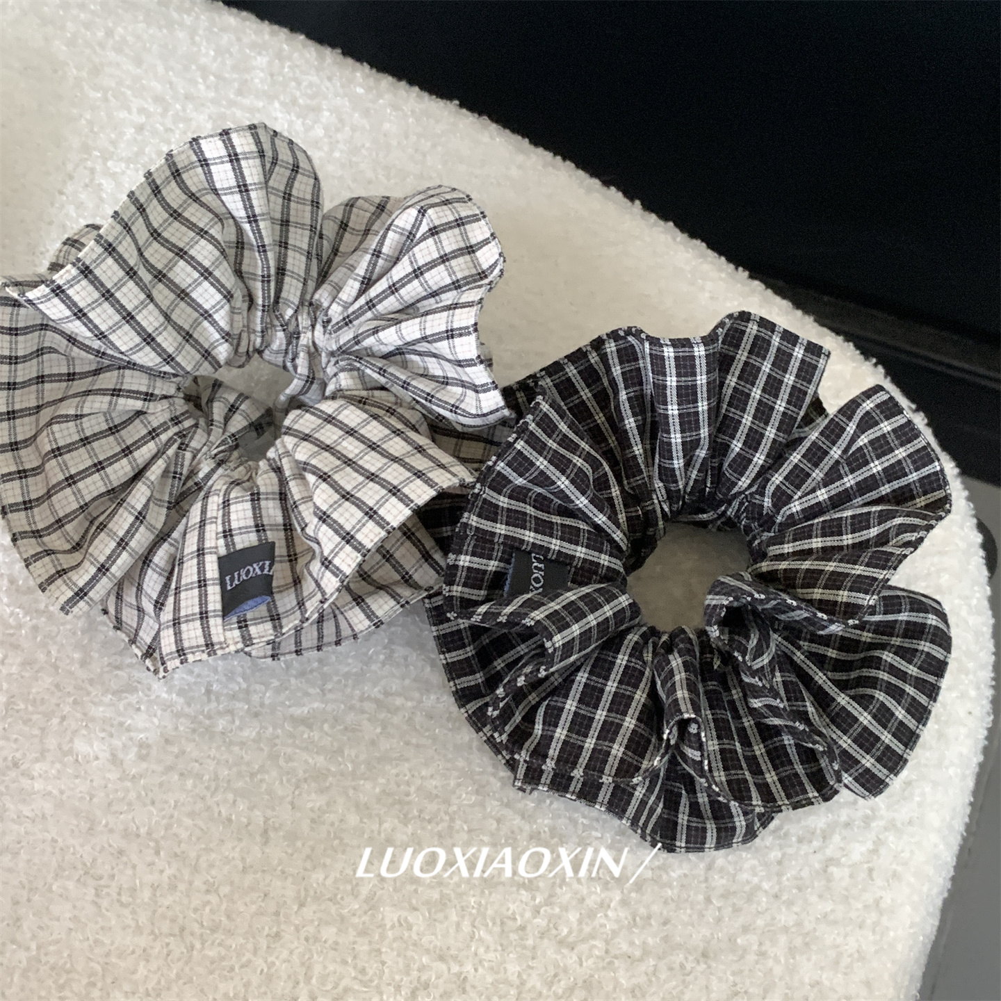 韩国小众纯棉格纹双层大肠发圈