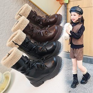 高筒女童雪地靴美拉德加绒公主长筒靴冬季蝴蝶结中大童套裤管棉靴