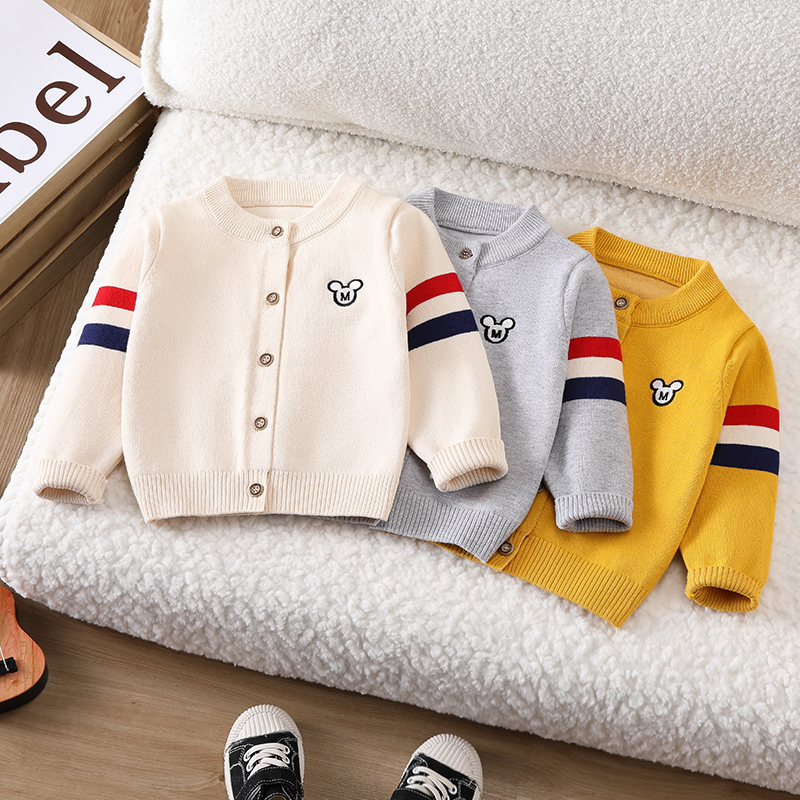 婴儿宝宝纯棉单层开衫春秋款休闲微弹时尚学院风米奇针绣条纹毛衣