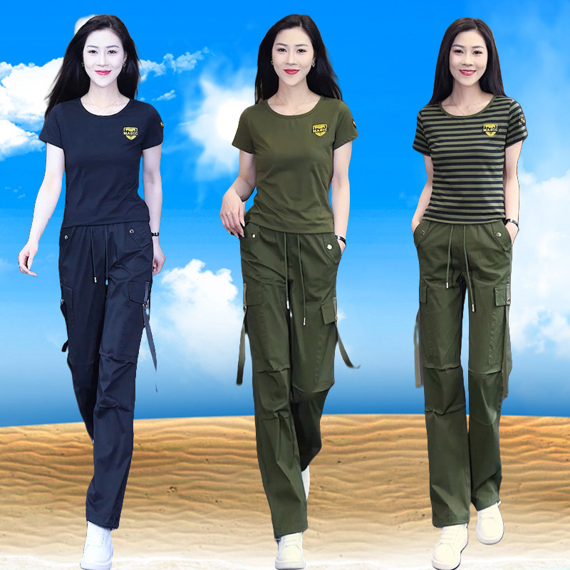 迷彩服女套装夏季新款短袖t宽松显瘦直筒长裤时尚束脚两件套潮流