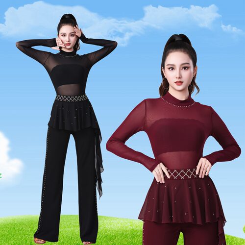 吉特巴女半高领舞蹈服网纱连体上