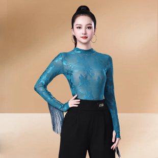 舞蹈衣演出服 显瘦广场舞服装 新款 拉丁舞连体上衣女提花勾母指长袖