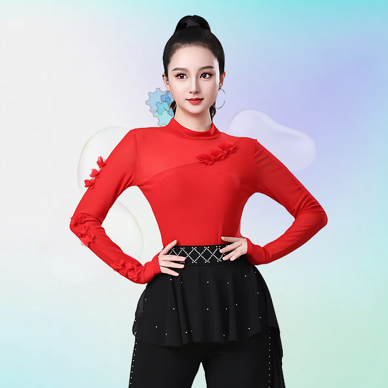 拉丁舞网纱长袖连档上衣女款