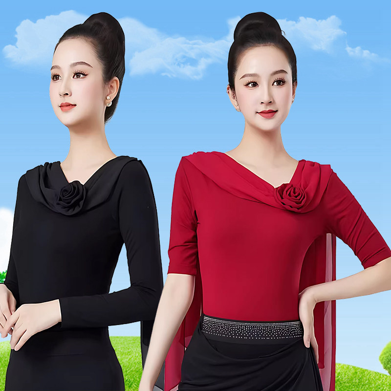 形体训练服装女舞蹈上衣模特走秀练功服拉丁舞服玫瑰装饰演出衣服