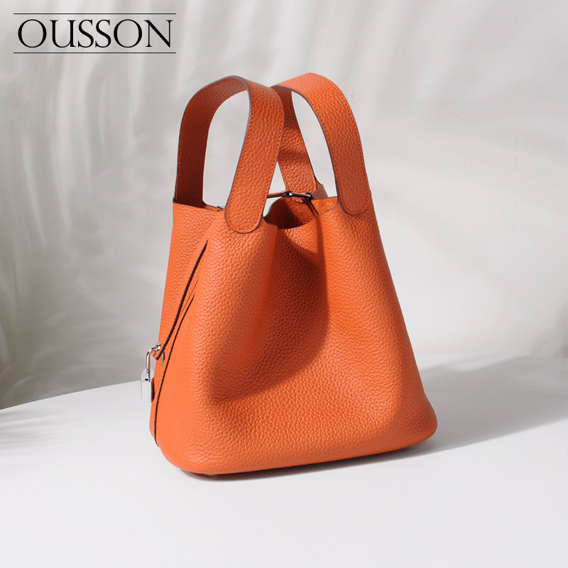 【真正头层牛皮】2020手拎包真皮女包手提包荔枝纹菜篮子包水桶包