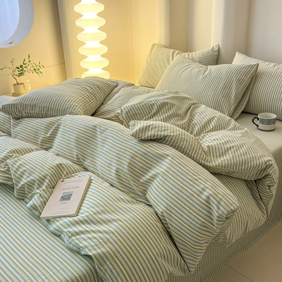 【特惠】简约条纹全棉色织水洗居家四件套100纯棉被套床单三件套