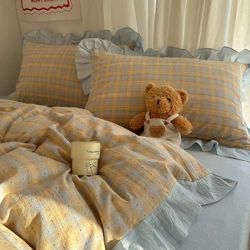 A类韩版奶油花边全棉水洗棉色织提花格子撞色四件套100纯棉三件套,床上用品,床品套件/四件套/多件套,淘宝优惠券,粉丝福利购,淘宝优惠卷