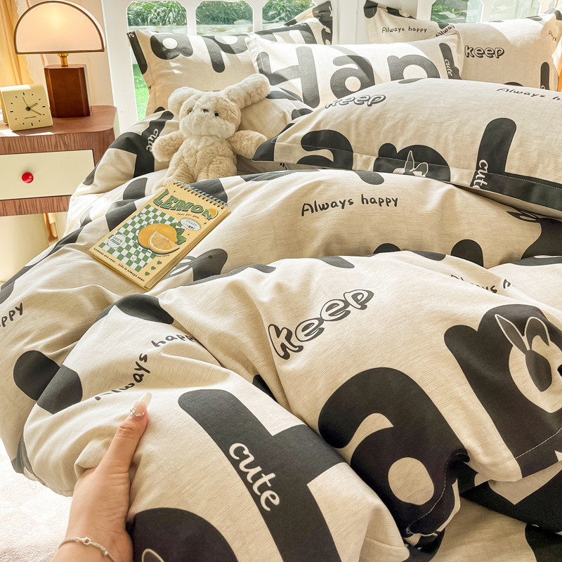 秋冬季简约字母全棉生态磨毛居家四件套纯棉被套床单民宿3三件套4