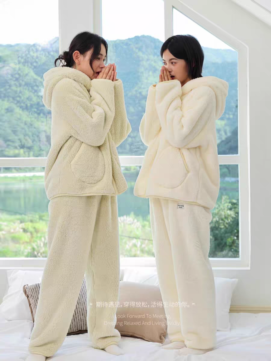 珂希卡女秋冬加厚保暖连帽拉链睡衣开衫外套舒适家居服套装可外穿