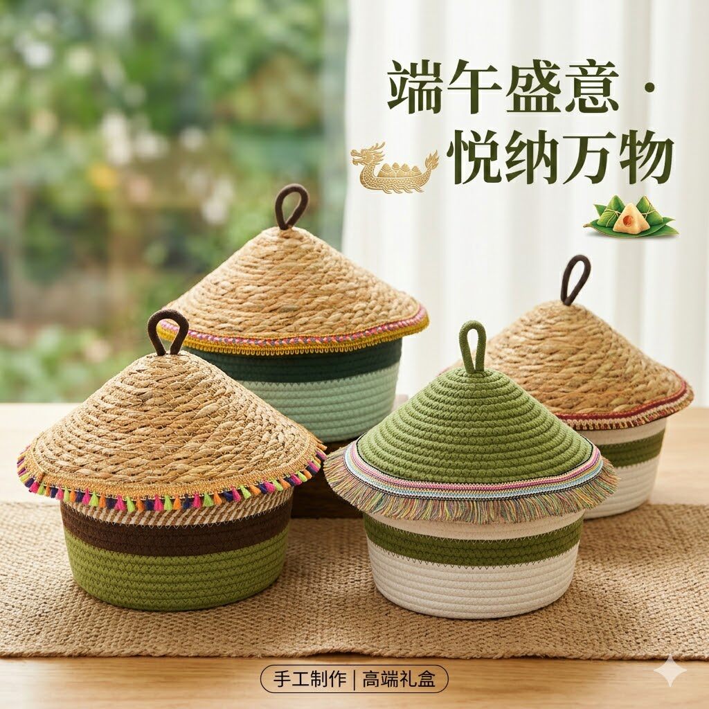 端午节草编收纳筐带盖编织粽子礼盒收纳盒高端送礼品物盒装饰篮子