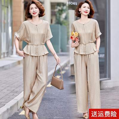 妈妈装夏季短袖时尚国风套装纯色