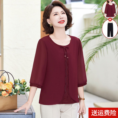 妈妈装夏装短袖七分袖假两件百搭