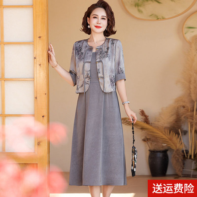 妈妈装夏装短袖国风连件套连衣裙