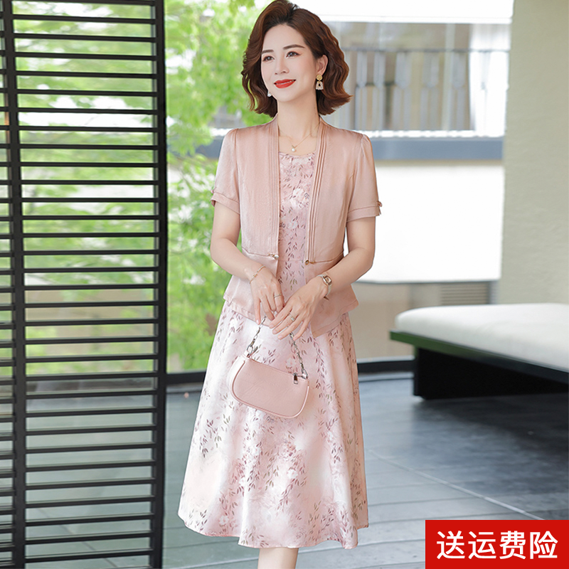 妈妈装夏季短袖假两件连衣裙国风