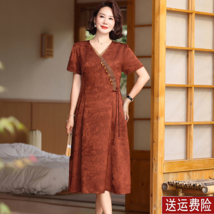 中老年女装 新款 夏装 短袖 新中式 裙子阔太太长裙大码 妈妈连衣裙夏季