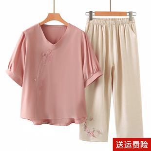 短袖 媽媽夏裝 t恤棉綢上衣女 中老年夏季 2025新款 棉麻套裝 國(guó)風(fēng)小衫