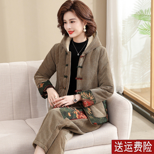 中年加绒加厚两件套 秋冬款 妈妈复古民族风棉衣中老年女装 棉服套装