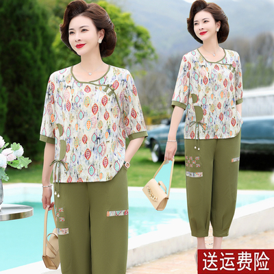 妈妈装夏装时尚棉麻短袖两件套女