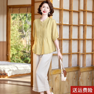 年轻妈妈夏装短袖T恤上衣中老年女棉麻衬衣气质小衫2026新款套装