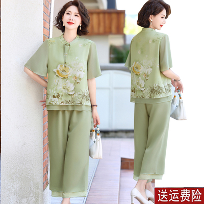 妈妈装夏装短袖雪纺国风两件套女