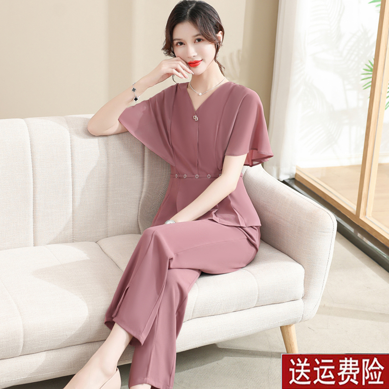 妈妈装夏装2025新款洋气雪纺衫套装短袖上衣两件套夏季中老年女装